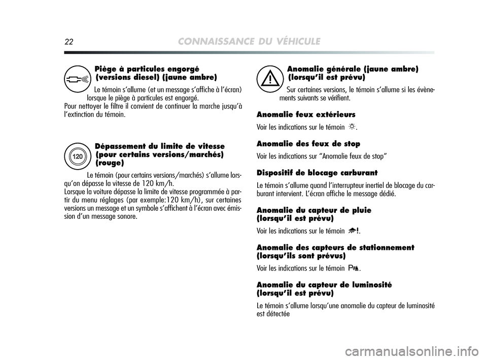 Alfa Romeo MiTo 2009  Notice dentretien (in French) 22CONNAISSANCE DU VÉHICULE
Dépassement du limite de vitesse 
(pour certains versions/marchés)
(rouge)
Le témoin (pour certains versions/marchés) s’allume lors-
qu’on dépasse la vitesse de 12