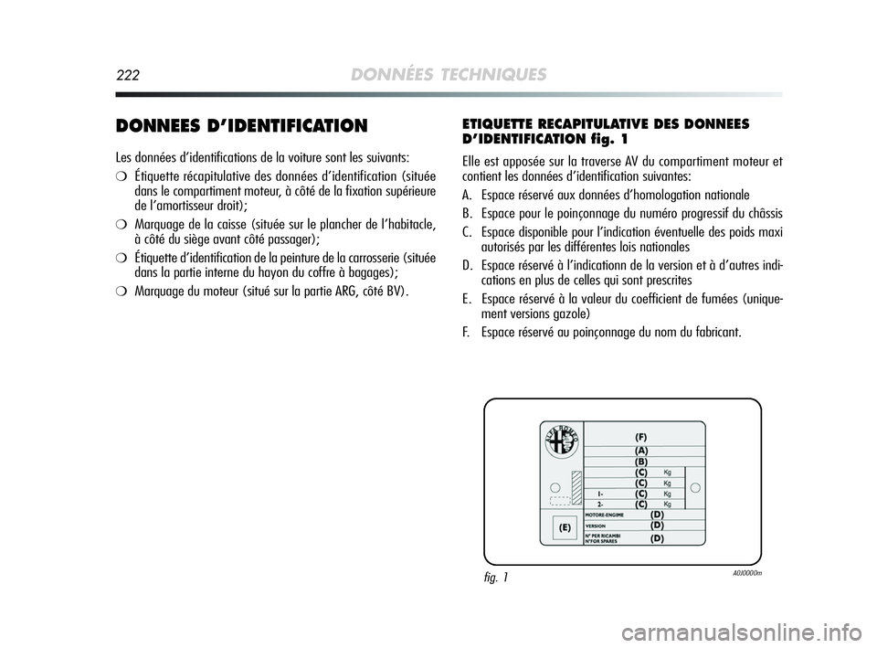 Alfa Romeo MiTo 2009  Notice dentretien (in French) 222DONNÉES TECHNIQUES
DONNEES D’IDENTIFICATION
Les données d’identifications de la voiture sont les suivants:
❍Étiquette récapitulative des données d’identification (située
dans le compa