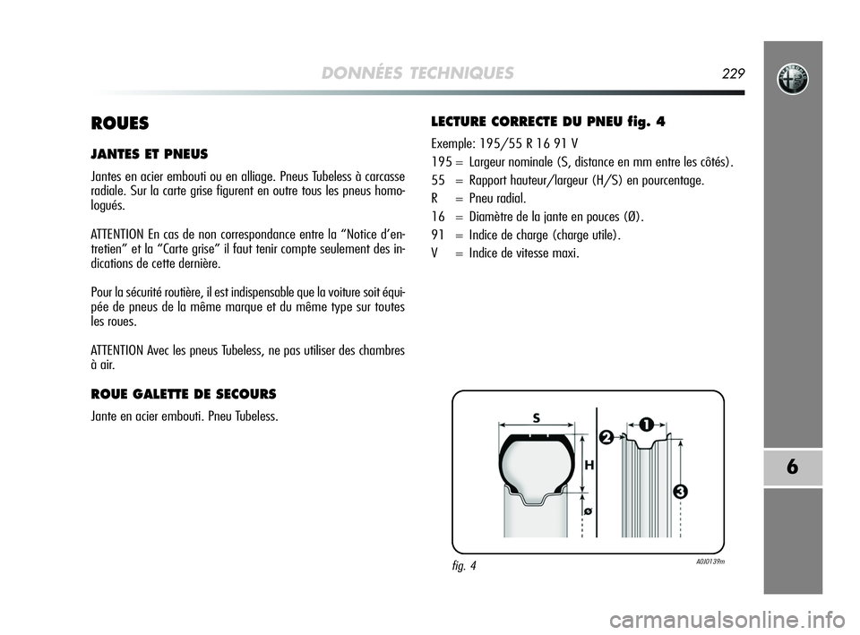 Alfa Romeo MiTo 2009  Notice dentretien (in French) DONNÉES TECHNIQUES229
6
ROUES
JANTES ET PNEUS
Jantes en acier embouti ou en alliage. Pneus Tubeless à carcasse
radiale. Sur la carte grise figurent en outre tous les pneus homo-
logués.
ATTENTION E