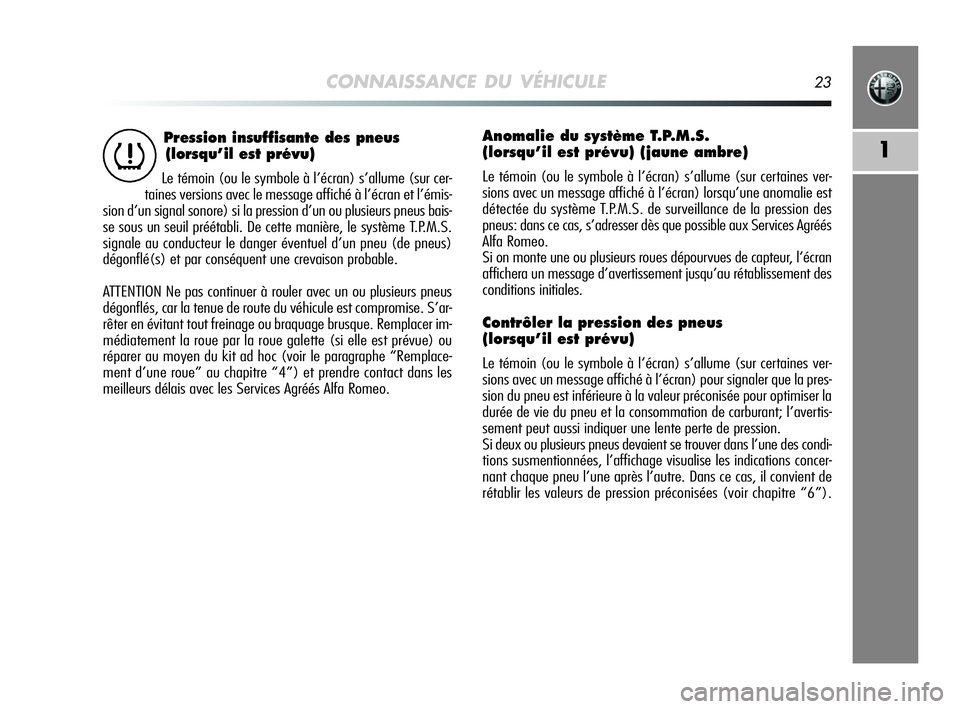 Alfa Romeo MiTo 2009  Notice dentretien (in French) CONNAISSANCE DU VÉHICULE23
1
Pression insuffisante des pneus 
(lorsqu’il est prévu)
Le témoin (ou le symbole à l’écran) s’allume (sur cer-
taines versions avec le message affiché à l’é