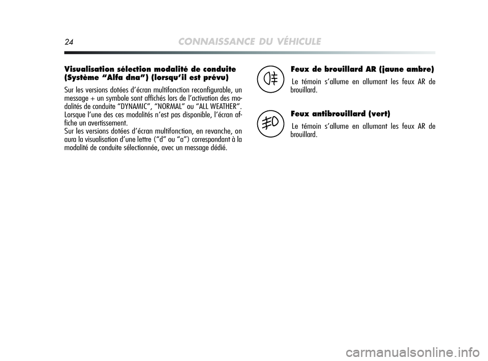 Alfa Romeo MiTo 2009  Notice dentretien (in French) 24CONNAISSANCE DU VÉHICULE
Visualisation sélection modalité de conduite
(Système “Alfa dna”) (lorsqu’il est prévu)
Sur les versions dotées d’écran multifonction reconfigurable, un
messa