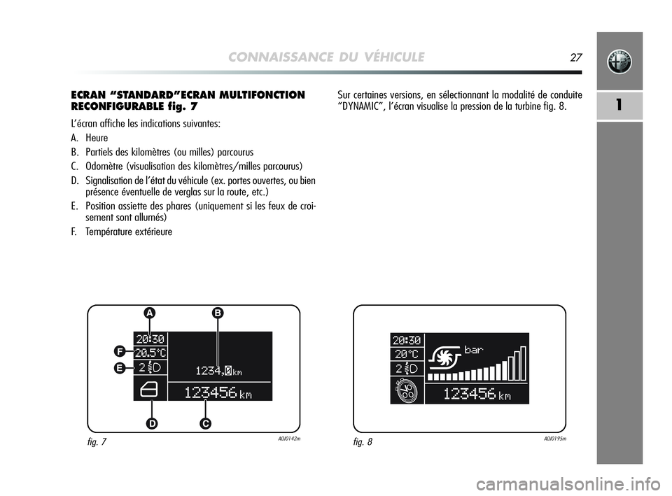 Alfa Romeo MiTo 2009  Notice dentretien (in French) CONNAISSANCE DU VÉHICULE27
1
ECRAN “STANDARD”ECRAN MULTIFONCTION 
RECONFIGURABLE fig. 7
L’écran affiche les indications suivantes:
A. Heure
B. Partiels des kilomètres (ou milles) parcourus
C.