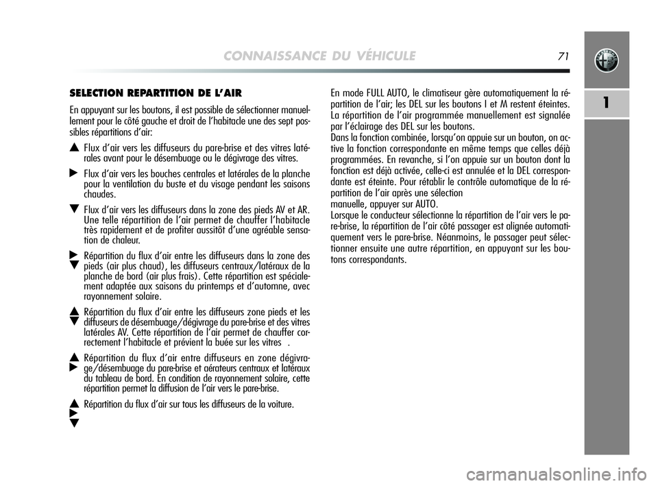 Alfa Romeo MiTo 2009  Notice dentretien (in French) CONNAISSANCE DU VÉHICULE71
1
En mode FULL AUTO, le climatiseur gère automatiquement la ré-
partition de l’air; les DEL sur les boutons I et M restent éteintes.
La répartition de l’air program
