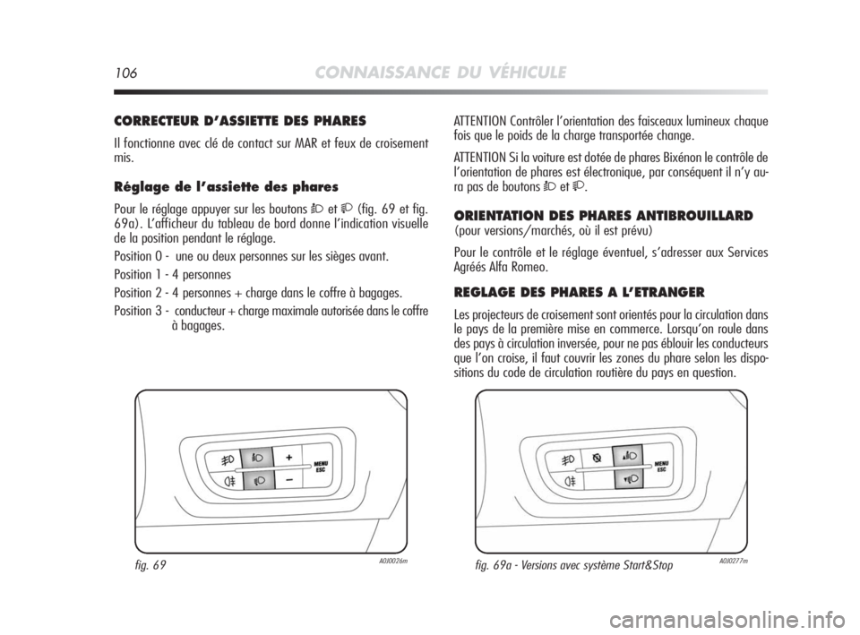 Alfa Romeo MiTo 2010 Notice dentretien (in French) 106CONNAISSANCE DU VÉHICULE
CORRECTEUR D’ASSIETTE DES PHARES
Il fonctionne avec clé de contact sur MAR et feux de croisement
mis.
Réglage de l’assiette des phares
Pour le réglage appuyer sur Alfa Romeo MiTo 2010 Notice dentretien (in French) 106CONNAISSANCE DU VÉHICULE
CORRECTEUR D’ASSIETTE DES PHARES
Il fonctionne avec clé de contact sur MAR et feux de croisement
mis.
Réglage de l’assiette des phares
Pour le réglage appuyer sur
