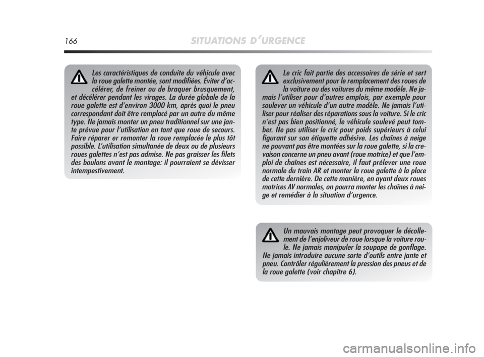 Alfa Romeo MiTo 2010 Notice dentretien (in French) 166SITUATIONS D’URGENCE
Le cric fait partie des accessoires de série et sert
exclusivement pour le remplacement des roues de
la voiture ou des voitures du même modèle. Ne ja-
mais l’utiliser po Alfa Romeo MiTo 2010 Notice dentretien (in French) 166SITUATIONS D’URGENCE
Le cric fait partie des accessoires de série et sert
exclusivement pour le remplacement des roues de
la voiture ou des voitures du même modèle. Ne ja-
mais l’utiliser po