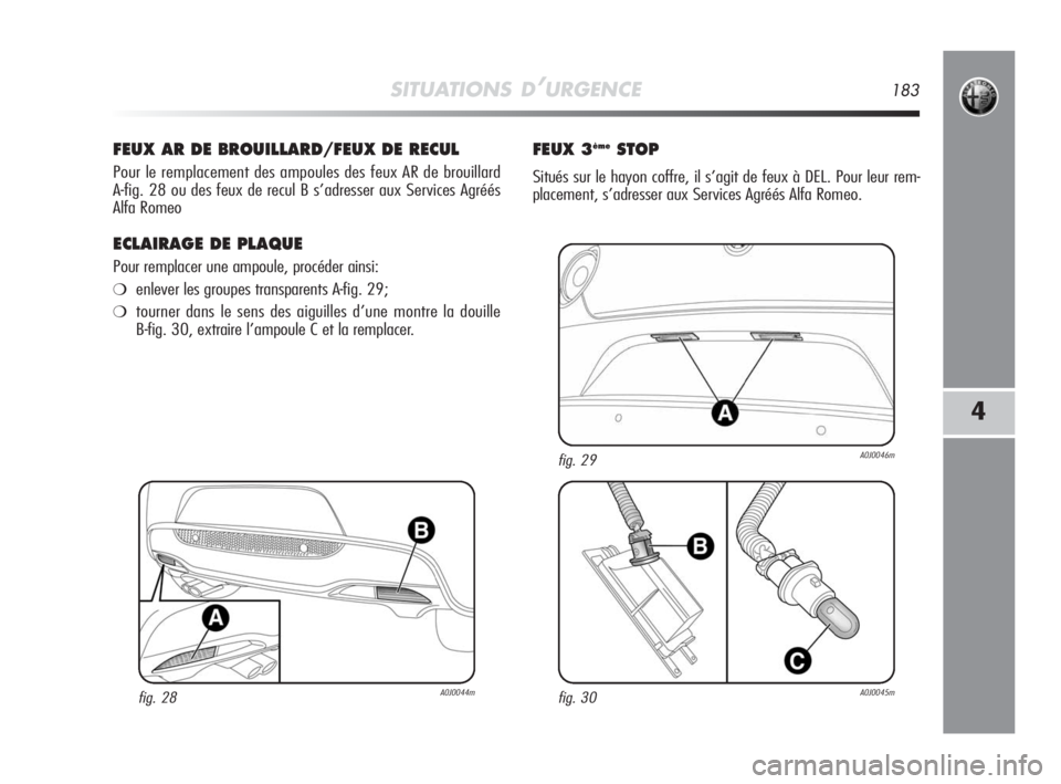 Alfa Romeo MiTo 2010 Notice dentretien (in French) SITUATIONS D’URGENCE183
4
FEUX AR DE BROUILLARD/FEUX DE RECUL
Pour le remplacement des ampoules des feux AR de brouillard
A-fig. 28 ou des feux de recul B s’adresser aux Services Agréés
Alfa Ro Alfa Romeo MiTo 2010 Notice dentretien (in French) SITUATIONS D’URGENCE183
4
FEUX AR DE BROUILLARD/FEUX DE RECUL
Pour le remplacement des ampoules des feux AR de brouillard
A-fig. 28 ou des feux de recul B s’adresser aux Services Agréés
Alfa Ro