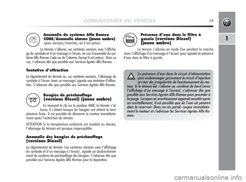 Alfa Romeo MiTo 2010  Notice dentretien (in French) CONNAISSANCE DU VÉHICULE19
1
Anomalie du système Alfa Romeo
CODE/Anomalie alarme (jaune ambre)
(pour versions/marchés, où il est prévu)
Le témoin s’allume, sur certaines versions avec l’affi