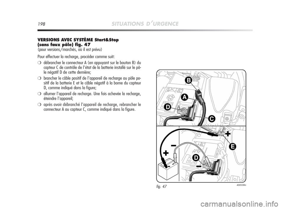 Alfa Romeo MiTo 2010 Notice dentretien (in French) 198SITUATIONS D’URGENCE
VERSIONS AVEC SYSTÈME Start&Stop
(sans faux pôle) fig. 47
(pour versions/marchés, où il est prévu)
Pour effectuer la recharge, procéder comme suit:
❍débrancher le c Alfa Romeo MiTo 2010 Notice dentretien (in French) 198SITUATIONS D’URGENCE
VERSIONS AVEC SYSTÈME Start&Stop
(sans faux pôle) fig. 47
(pour versions/marchés, où il est prévu)
Pour effectuer la recharge, procéder comme suit:
❍débrancher le c