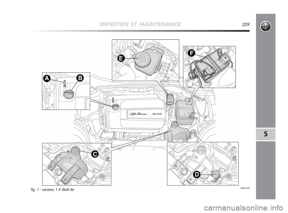 Alfa Romeo MiTo 2010  Notice dentretien (in French) ENTRETIEN ET MAINTENANCE209
5
A0J0258mfig. 1 - versions 1.4 Multi Air
201-226 Alfa MiTo F 2ed:201-226 Alfa MiTo FR  23-12-2009  12:26  Pagina 209 