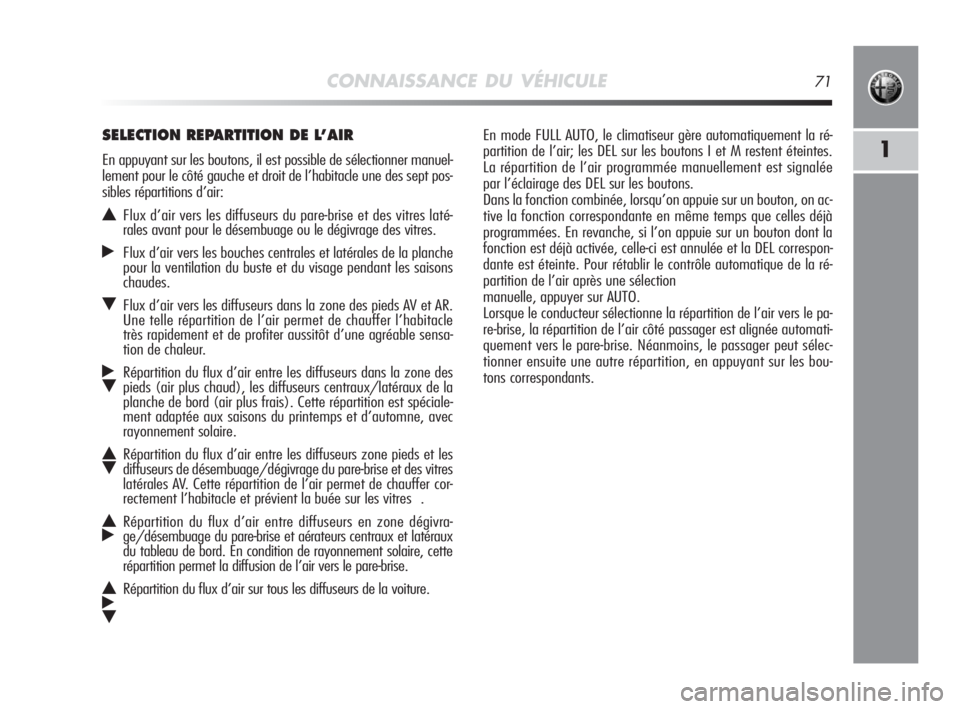 Alfa Romeo MiTo 2010  Notice dentretien (in French) CONNAISSANCE DU VÉHICULE71
1
En mode FULL AUTO, le climatiseur gère automatiquement la ré-
partition de l’air; les DEL sur les boutons I et M restent éteintes.
La répartition de l’air program