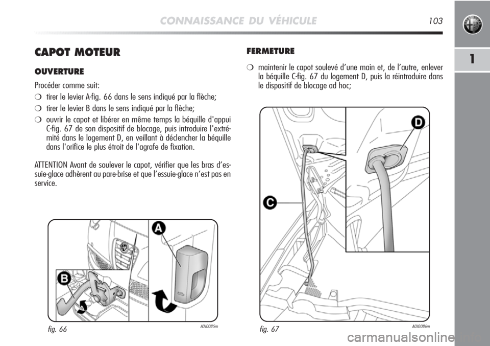 Alfa Romeo MiTo 2011 Notice dentretien (in French) CONNAISSANCE DU VÉHICULE103
1CAPOT MOTEUR
OUVERTURE
Procéder comme suit:
❍tirer le levier A-fig. 66 dans le sens indiqué par la flèche;
❍tirer le levier B dans le sens indiqué par la flèche; Alfa Romeo MiTo 2011 Notice dentretien (in French) CONNAISSANCE DU VÉHICULE103
1CAPOT MOTEUR
OUVERTURE
Procéder comme suit:
❍tirer le levier A-fig. 66 dans le sens indiqué par la flèche;
❍tirer le levier B dans le sens indiqué par la flèche;