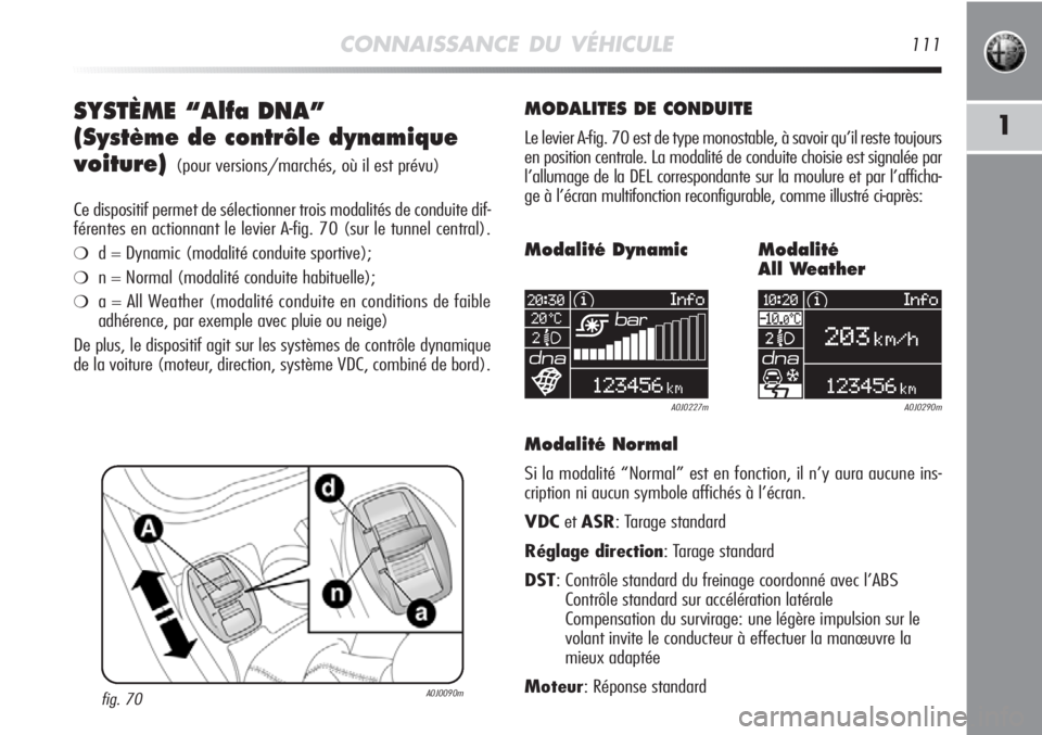 Alfa Romeo MiTo 2011  Notice dentretien (in French) CONNAISSANCE DU VÉHICULE111
1SYSTÈME “Alfa DNA”
(Système de contrôle dynamique
voiture)
(pour versions/marchés, où il est prévu)
Ce dispositif permet de sélectionner trois modalités de co