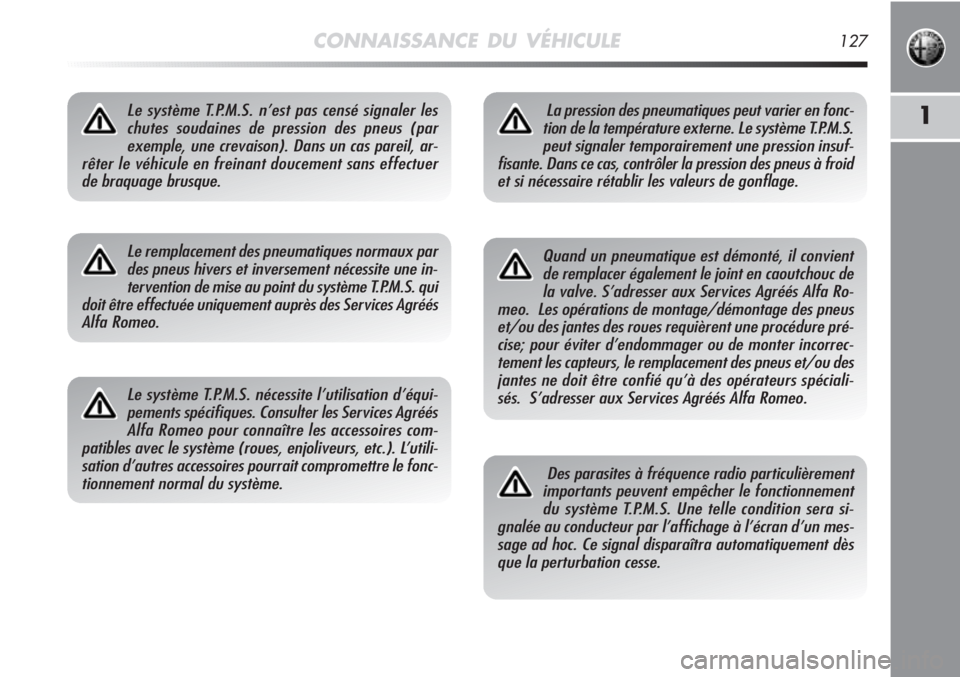Alfa Romeo MiTo 2011  Notice dentretien (in French) CONNAISSANCE DU VÉHICULE127
1Le système T.P.M.S. n’est pas censé signaler les
chutes soudaines de pression des pneus (par
exemple, une crevaison). Dans un cas pareil, ar-
rêter le véhicule en f
