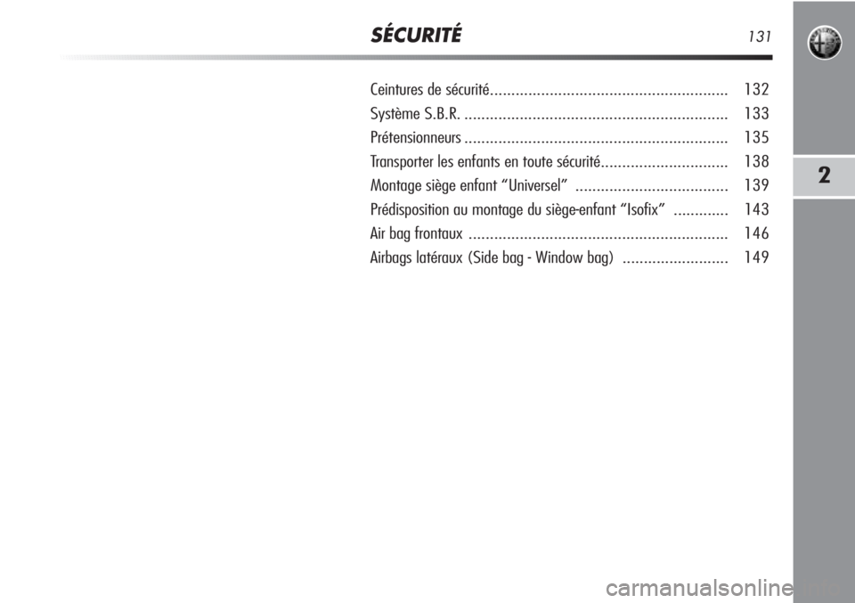 Alfa Romeo MiTo 2012  Notice dentretien (in French) SÉCURITÉ131
2
Ceintures de sécurité........................................................ 132
Système S.B.R............................................................... 133
Prétensionneurs..