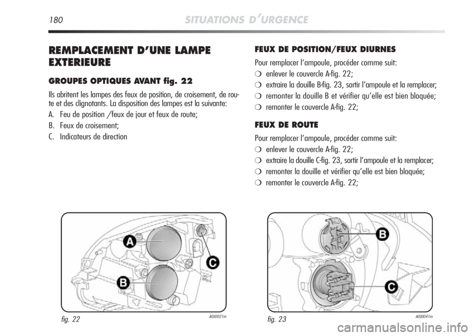 Alfa Romeo MiTo 2011  Notice dentretien (in French) 180SITUATIONS D’URGENCE
REMPLACEMENT D’UNE LAMPE
EXTERIEURE
GROUPES OPTIQUES AVANT fig. 22
Ils abritent les lampes des feux de position, de croisement, de rou-
te et des clignotants. La dispositio
