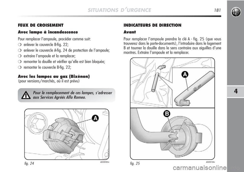 Alfa Romeo MiTo 2011  Notice dentretien (in French) SITUATIONS D’URGENCE181
4
FEUX DE CROISEMENT
Avec lampe à incandescence
Pour remplacer l’ampoule, procéder comme suit:
❍enlever le couvercle B-fig. 22;
❍enlever le couvercle A-fig. 24 de pro