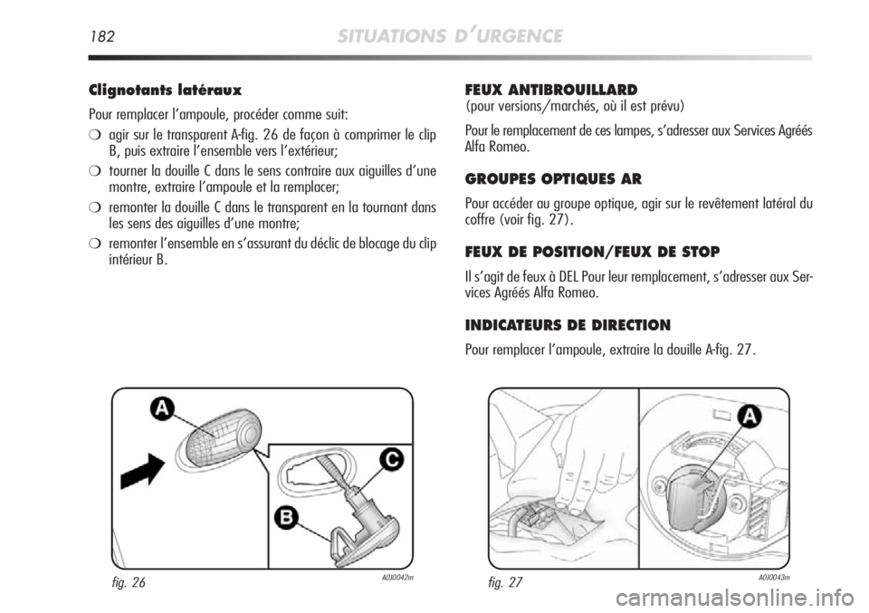 Alfa Romeo MiTo 2011  Notice dentretien (in French) 182SITUATIONS D’URGENCE
Clignotants latéraux
Pour remplacer l’ampoule, procéder comme suit:
❍agir sur le transparent A-fig. 26 de façon à comprimer le clip
B, puis extraire l’ensemble vers
