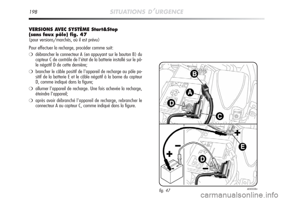 Alfa Romeo MiTo 2011  Notice dentretien (in French) 198SITUATIONS D’URGENCE
VERSIONS AVEC SYSTÈME Start&Stop
(sans faux pôle) fig. 47
(pour versions/marchés, où il est prévu)
Pour effectuer la recharge, procéder comme suit:
❍débrancher le co