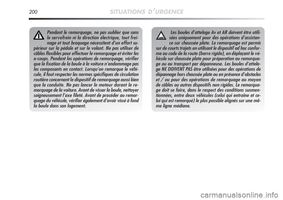 Alfa Romeo MiTo 2011  Notice dentretien (in French) 200SITUATIONS D’URGENCE
Pendant le remorquage, ne pas oublier que sans
le servofrein ni la direction électrique, tout frei-
nage et tout braquage nécessitent d’un effort su-
périeur sur la péd