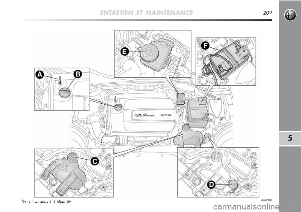 Alfa Romeo MiTo 2011  Notice dentretien (in French) ENTRETIEN ET MAINTENANCE209
5
A0J0258mfig. 1 - versions 1.4 Multi Air 