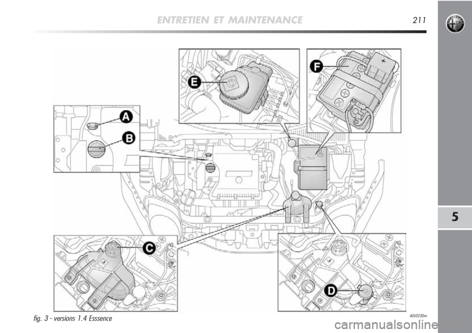 Alfa Romeo MiTo 2011  Notice dentretien (in French) ENTRETIEN ET MAINTENANCE211
5
A0J0230mfig. 3 - versions 1.4 Esssence 