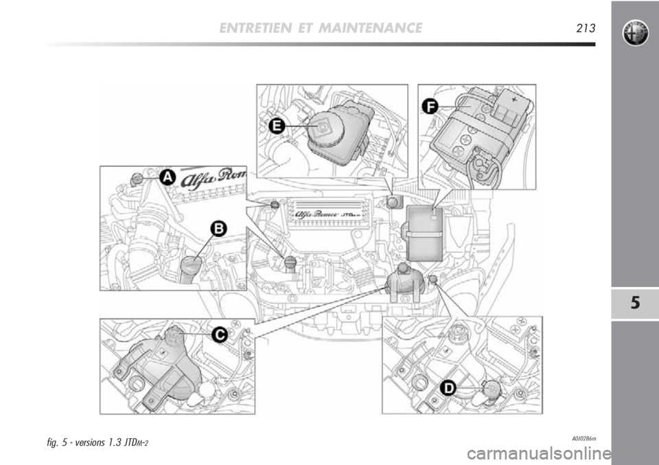 Alfa Romeo MiTo 2011  Notice dentretien (in French) ENTRETIEN ET MAINTENANCE213
5
A0J0286mfig. 5 - versions 1.3 JTDM-2 
