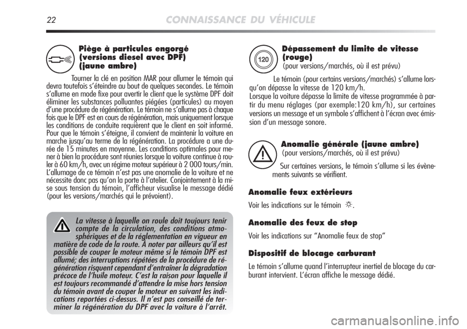 Alfa Romeo MiTo 2011 Notice dentretien (in French) 22CONNAISSANCE DU VÉHICULE
Dépassement du limite de vitesse
(rouge)
(pour versions/marchés, où il est prévu)
Le témoin (pour certains versions/marchés) s’allume lors-
qu’on dépasse la vit Alfa Romeo MiTo 2011 Notice dentretien (in French) 22CONNAISSANCE DU VÉHICULE
Dépassement du limite de vitesse
(rouge)
(pour versions/marchés, où il est prévu)
Le témoin (pour certains versions/marchés) s’allume lors-
qu’on dépasse la vit