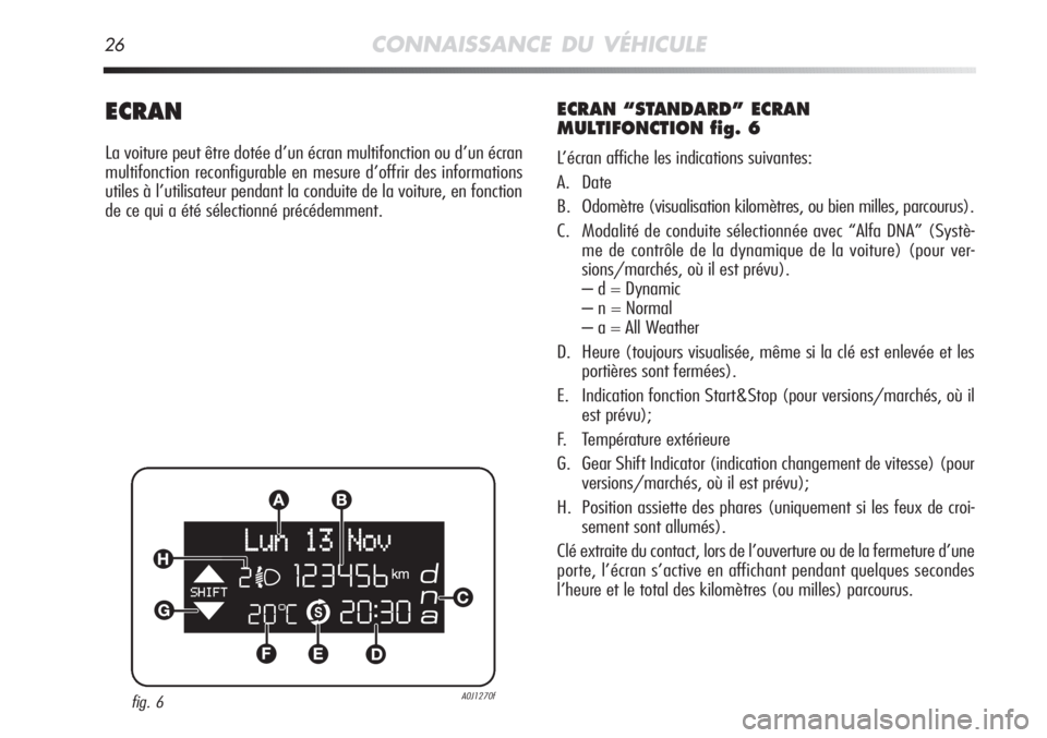 Alfa Romeo MiTo 2011 Notice dentretien (in French) 26CONNAISSANCE DU VÉHICULE
ECRAN
La voiture peut être dotée d’un écran multifonction ou d’un écran
multifonction reconfigurable en mesure d’offrir des informations
utiles à l’utilisateur Alfa Romeo MiTo 2011 Notice dentretien (in French) 26CONNAISSANCE DU VÉHICULE
ECRAN
La voiture peut être dotée d’un écran multifonction ou d’un écran
multifonction reconfigurable en mesure d’offrir des informations
utiles à l’utilisateur