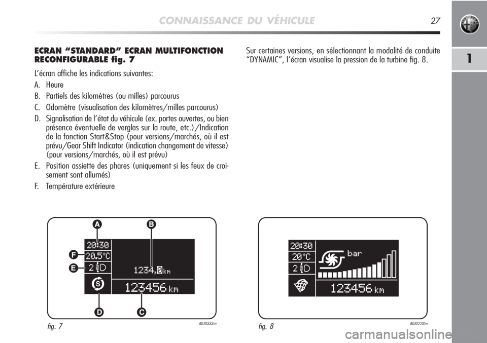 Alfa Romeo MiTo 2011  Notice dentretien (in French) CONNAISSANCE DU VÉHICULE27
1
ECRAN “STANDARD” ECRAN MULTIFONCTION 
RECONFIGURABLE fig. 7
L’écran affiche les indications suivantes:
A. Heure
B. Partiels des kilomètres (ou milles) parcourus
C
