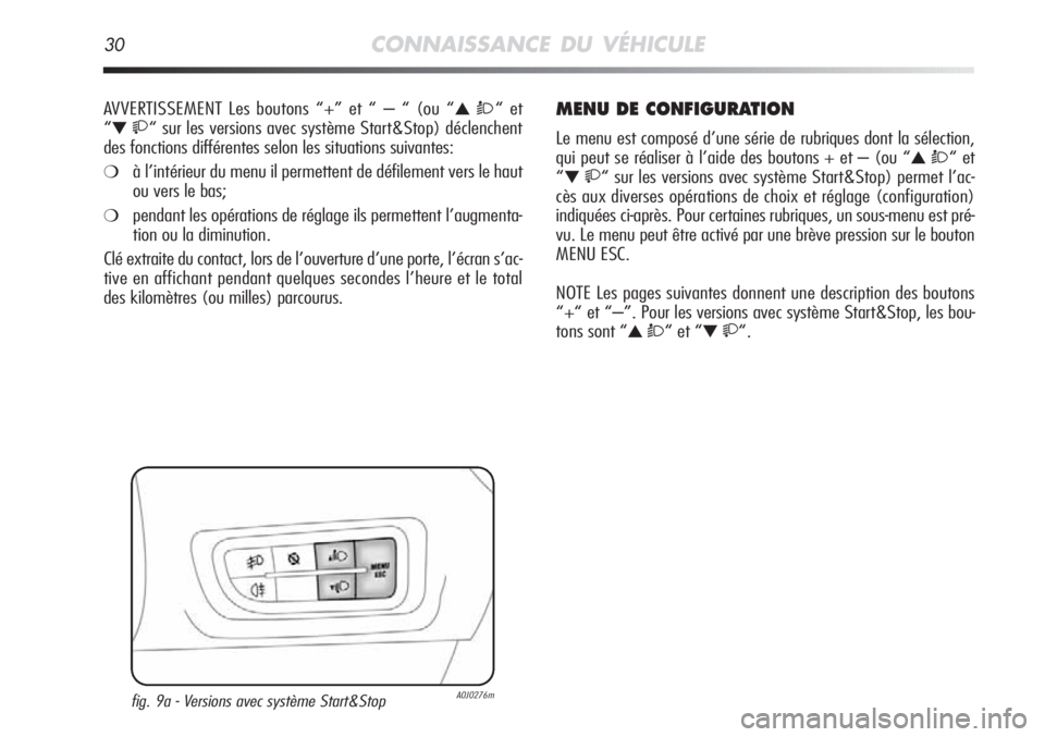 Alfa Romeo MiTo 2011 Notice dentretien (in French) 30CONNAISSANCE DU VÉHICULE
AVVERTISSEMENT Les boutons “+” et “ – “ (ou “▲ Ò“ et
“
▼ “ sur les versions avec système Start&Stop) déclenchent
des fonctions différentes sel Alfa Romeo MiTo 2011 Notice dentretien (in French) 30CONNAISSANCE DU VÉHICULE
AVVERTISSEMENT Les boutons “+” et “ – “ (ou “▲ Ò“ et
“
▼ “ sur les versions avec système Start&Stop) déclenchent
des fonctions différentes sel