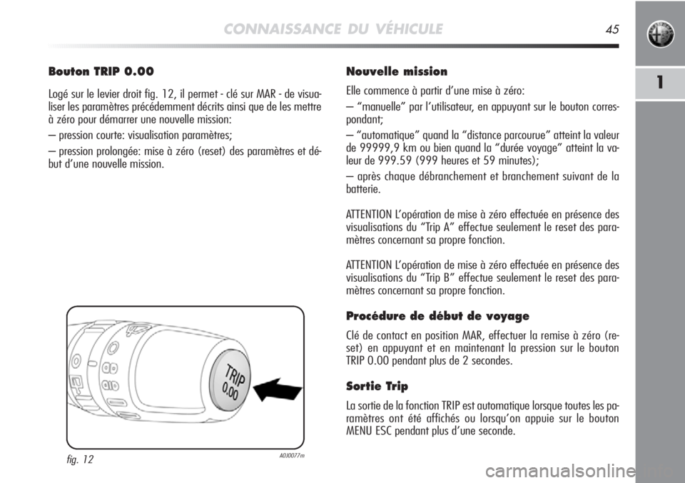 Alfa Romeo MiTo 2011 Notice dentretien (in French) CONNAISSANCE DU VÉHICULE45
1
Bouton TRIP 0.00
Logé sur le levier droit fig. 12, il permet - clé sur MAR - de visua-
liser les paramètres précédemment décrits ainsi que de les mettre
à zéro po Alfa Romeo MiTo 2011 Notice dentretien (in French) CONNAISSANCE DU VÉHICULE45
1
Bouton TRIP 0.00
Logé sur le levier droit fig. 12, il permet - clé sur MAR - de visua-
liser les paramètres précédemment décrits ainsi que de les mettre
à zéro po