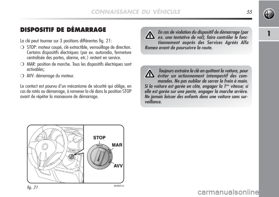 Alfa Romeo MiTo 2012 Notice dentretien (in French) CONNAISSANCE DU VÉHICULE55
1DISPOSITIF DE DÉMARRAGE
La clé peut tourner sur 3 positions différentes fig. 21:
❍STOP: moteur coupé, clé extractible, verrouillage de direction.
Certains dispositi Alfa Romeo MiTo 2012 Notice dentretien (in French) CONNAISSANCE DU VÉHICULE55
1DISPOSITIF DE DÉMARRAGE
La clé peut tourner sur 3 positions différentes fig. 21:
❍STOP: moteur coupé, clé extractible, verrouillage de direction.
Certains dispositi