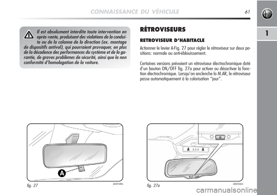 Alfa Romeo MiTo 2011 Notice dentretien (in French) CONNAISSANCE DU VÉHICULE61
1RÉTROVISEURS
RETROVISEUR D’HABITACLE
Actionner le levier A-Fig. 27 pour régler le rétroviseur sur deux po-
sitions: normale ou anti-éblouissement.
Certaines version Alfa Romeo MiTo 2011 Notice dentretien (in French) CONNAISSANCE DU VÉHICULE61
1RÉTROVISEURS
RETROVISEUR D’HABITACLE
Actionner le levier A-Fig. 27 pour régler le rétroviseur sur deux po-
sitions: normale ou anti-éblouissement.
Certaines version