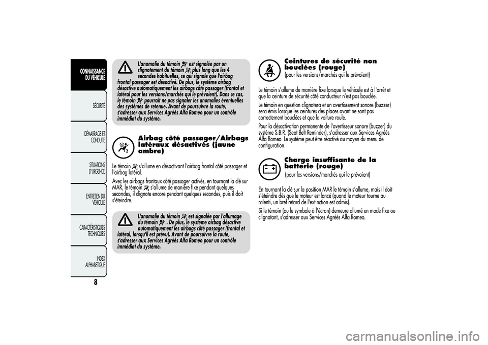 Alfa Romeo MiTo 2013  Notice dentretien (in French) L'anomalie du témoin
est signalée par un
clignotement du témoinplus long que les 4
secondes habituelles, ce qui signale que l'airbag
frontal passager est désactivé. De plus, le système a