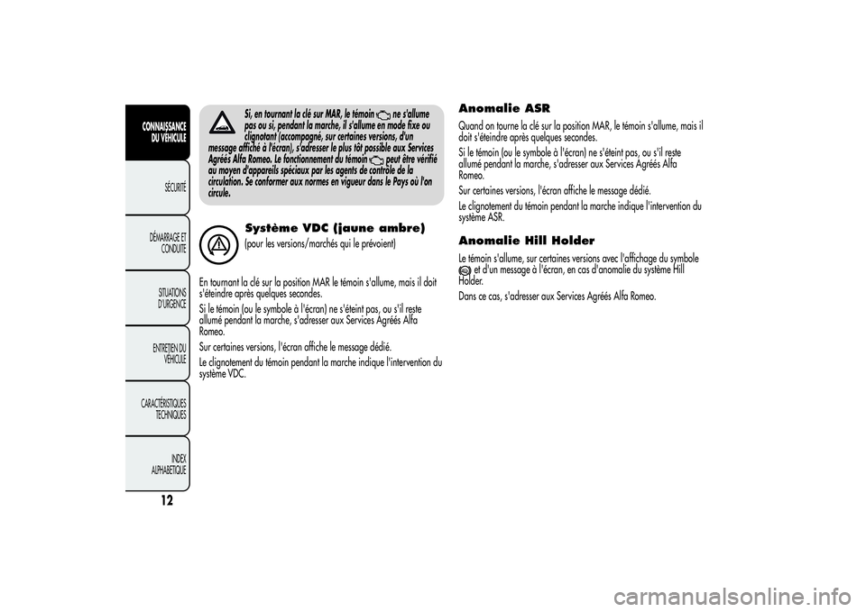 Alfa Romeo MiTo 2013  Notice dentretien (in French) Si, en tournant la clé sur MAR, le témoin
ne s'allume
pas ou si, pendant la marche, il s'allume en mode fixe ou
clignotant (accompagné, sur certaines versions, d'un
message affiché à 