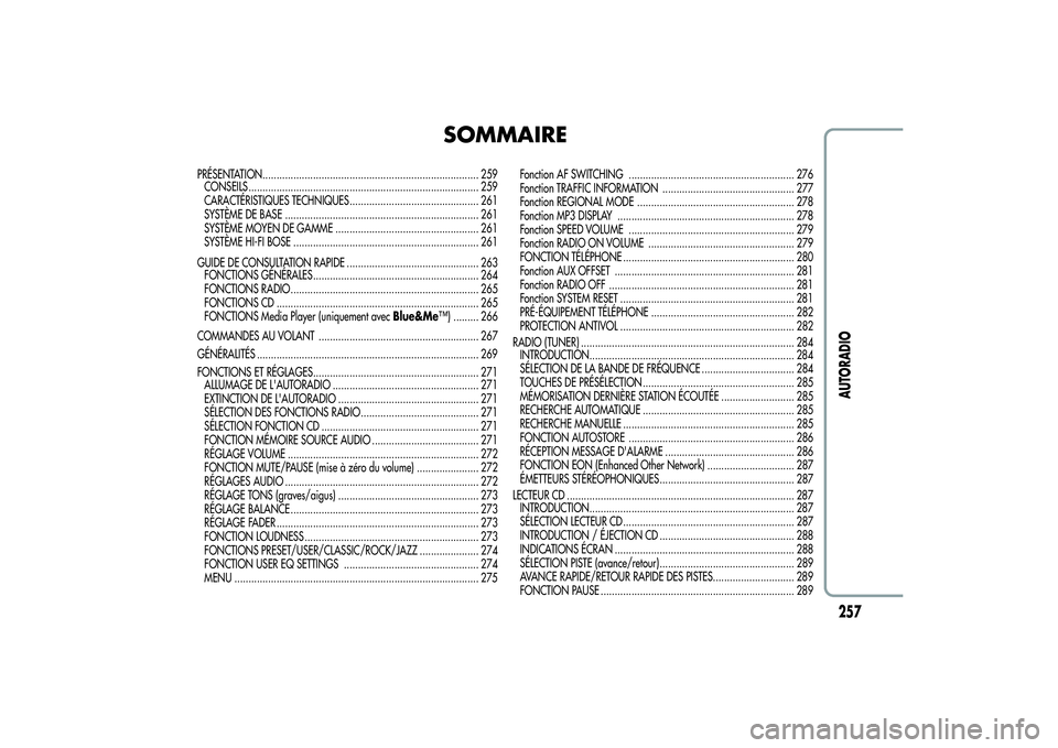 Alfa Romeo MiTo 2013  Notice dentretien (in French) SOMMAIRE
PRÉSENTATION............................................................................. 259
CONSEILS .................................................................................. 259
