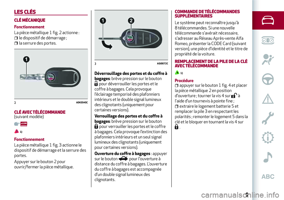 Alfa Romeo MiTo 2019 Notice dentretien (in French) LES CLÉS
CLÉ MÉCANIQUE
Fonctionnement
La pièce métallique 1 fig. 2 actionne :
le dispositif de démarrage ;
la serrure des portes.
CLÉ AVEC TÉLÉCOMMANDE(suivant modèle)
1)
Fonctionnement
La p Alfa Romeo MiTo 2019 Notice dentretien (in French) LES CLÉS
CLÉ MÉCANIQUE
Fonctionnement
La pièce métallique 1 fig. 2 actionne :
le dispositif de démarrage ;
la serrure des portes.
CLÉ AVEC TÉLÉCOMMANDE(suivant modèle)
1)
Fonctionnement
La p