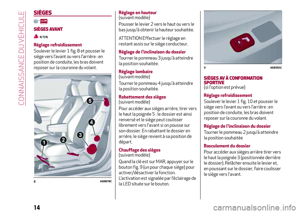 Alfa Romeo MiTo 2019  Notice dentretien (in French) SIÈGES
SIÈGES AVANT
6) 7) 8)
Réglage refroidissement
Soulever le levier 1 fig. 8 et pousser le
siège vers l’avant ou vers l’arrière : en
position de conduite, les bras doivent
reposer sur la 