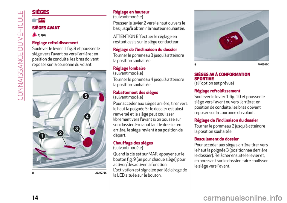 Alfa Romeo MiTo 2019 Notice dentretien (in French) SIÈGES
SIÈGES AVANT
6) 7) 8)
Réglage refroidissement
Soulever le levier 1 fig. 8 et pousser le
siège vers l’avant ou vers l’arrière : en
position de conduite, les bras doivent
reposer sur la Alfa Romeo MiTo 2019 Notice dentretien (in French) SIÈGES
SIÈGES AVANT
6) 7) 8)
Réglage refroidissement
Soulever le levier 1 fig. 8 et pousser le
siège vers l’avant ou vers l’arrière : en
position de conduite, les bras doivent
reposer sur la