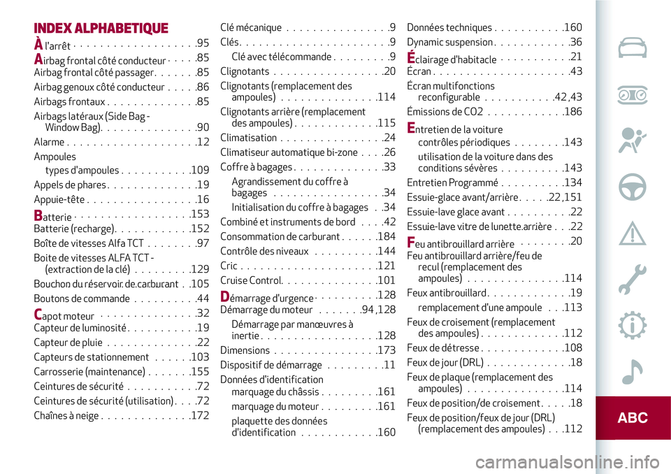 Alfa Romeo MiTo 2020  Notice dentretien (in French) INDEX ALPHABETIQUE
Àl'arrêt...................95
Airbag frontal côté conducteur.....85
Airbag frontal côté passager.......85
Airbag genoux côté conducteur.....86
Airbags frontaux..........