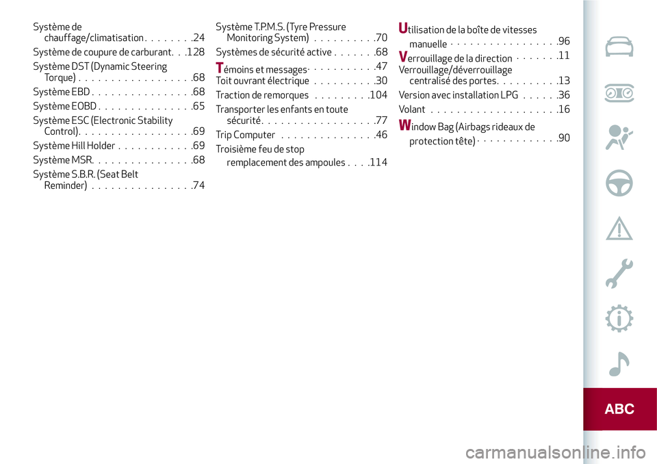 Alfa Romeo MiTo 2019  Notice dentretien (in French) Système de
chauffage/climatisation........24
Système de coupure de carburant. . .128 Systèmes de sécurité active
Système DST (Dynamic Steering
Torque)..................68
Système EBD...........