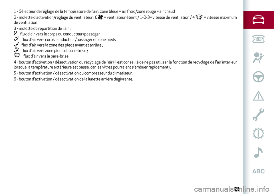 Alfa Romeo MiTo 2019  Notice dentretien (in French) 1 - Sélecteur de réglage de la température de l'air : zone bleue = air froid/zone rouge = air chaud
2 - molette d'activation/réglage du ventilateur : 0
= ventilateur éteint / 1-2-3= vites