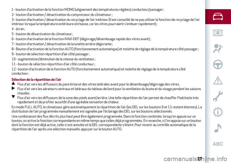 Alfa Romeo MiTo 2020 Notice dentretien (in French) 2 - bouton d'activation / désactivation du compresseur du climatiseur ;
3 - bouton d’activation / désactivation du recyclage de l’air intérieur (Il est conseillé de ne pas utiliser la fonc Alfa Romeo MiTo 2020 Notice dentretien (in French) 2 - bouton d'activation / désactivation du compresseur du climatiseur ;
3 - bouton d’activation / désactivation du recyclage de l’air intérieur (Il est conseillé de ne pas utiliser la fonc