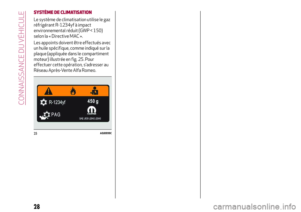 Alfa Romeo MiTo 2019  Notice dentretien (in French) SYSTÈME DE CLIMATISATION
Le système de climatisation utilise le gaz
réfrigérant R-1234yf à impact
environnemental réduit (GWP < 150)
selon la « Directive MAC ».
Les appoints doivent être effe