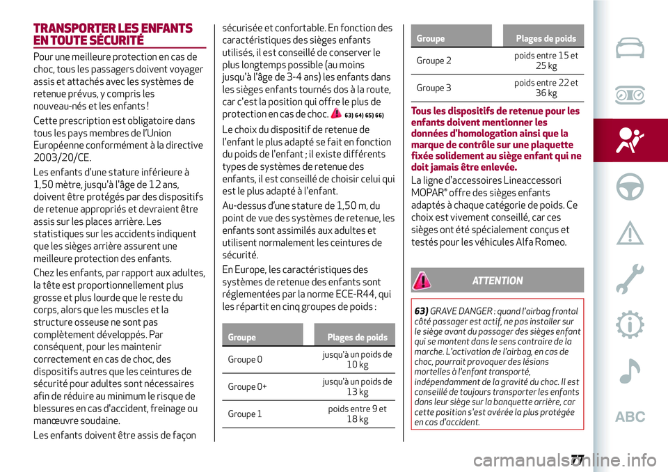 Alfa Romeo MiTo 2020  Notice dentretien (in French) TRANSPORTER LES ENFANTS
EN TOUTE SÉCURITÉ
Pour une meilleure protection en cas de
choc, tous les passagers doivent voyager
assis et attachés avec les systèmes de
retenue prévus, y compris les
nou