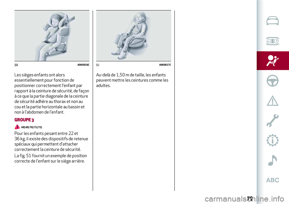 Alfa Romeo MiTo 2019 Notice dentretien (in French) Les sièges enfants ont alors
essentiellement pour fonction de
positionner correctement l'enfant par
rapport à la ceinture de sécurité, de façon
à ce que la partie diagonale de la ceinture
de Alfa Romeo MiTo 2019 Notice dentretien (in French) Les sièges enfants ont alors
essentiellement pour fonction de
positionner correctement l'enfant par
rapport à la ceinture de sécurité, de façon
à ce que la partie diagonale de la ceinture
de