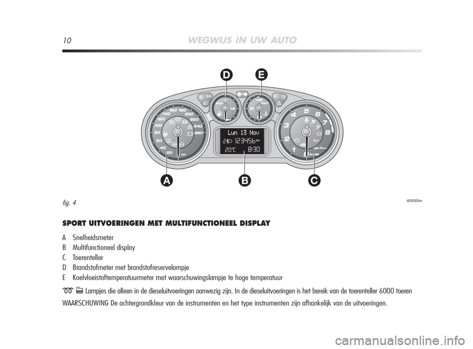 Alfa Romeo MiTo 2008 Instructieboek (in Dutch) 10WEGWIJS IN UW AUTO
AC
DE
B
SPORT UITVOERINGEN MET MULTIFUNCTIONEEL DISPLAY
A Snelheidsmeter
B Multifunctioneel display
C Toerenteller
D Brandstofmeter met brandstofreservelampje
E Koelvloeistoftempe Alfa Romeo MiTo 2008 Instructieboek (in Dutch) 10WEGWIJS IN UW AUTO
AC
DE
B
SPORT UITVOERINGEN MET MULTIFUNCTIONEEL DISPLAY
A Snelheidsmeter
B Multifunctioneel display
C Toerenteller
D Brandstofmeter met brandstofreservelampje
E Koelvloeistoftempe