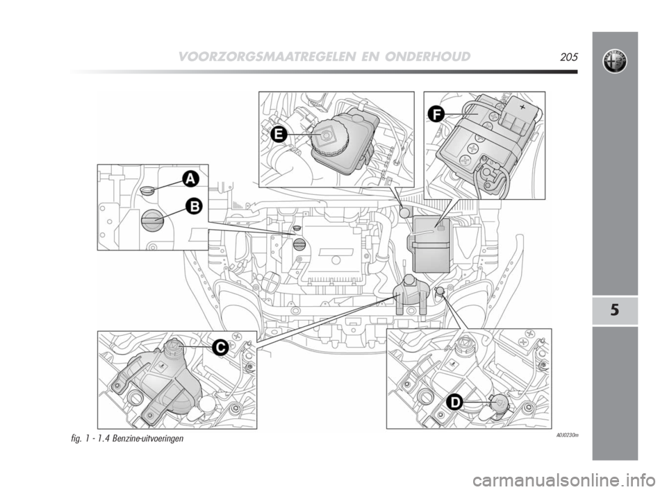 Alfa Romeo MiTo 2008 Instructieboek (in Dutch) VOORZORGSMAATREGELEN EN ONDERHOUD205
5
A0J0230mfig. 1 - 1.4 Benzine-uitvoeringen
197-220 Alfa NL MiTo 4-07-2008 19:04 Pagina 205 Alfa Romeo MiTo 2008 Instructieboek (in Dutch) VOORZORGSMAATREGELEN EN ONDERHOUD205
5
A0J0230mfig. 1 - 1.4 Benzine-uitvoeringen
197-220 Alfa NL MiTo 4-07-2008 19:04 Pagina 205