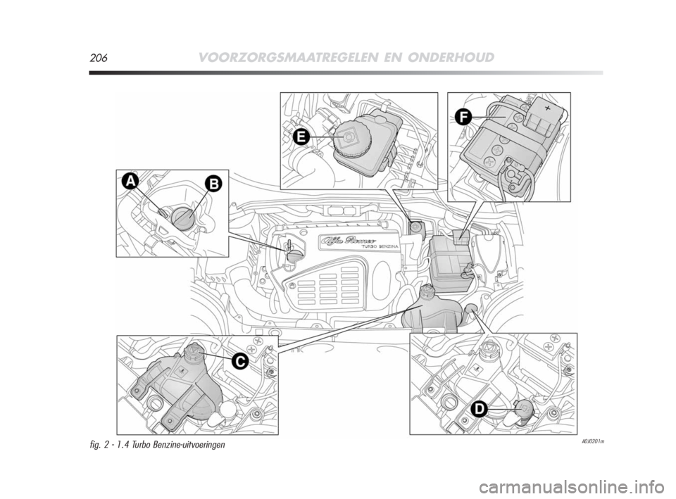 Alfa Romeo MiTo 2008  Instructieboek (in Dutch) 206VOORZORGSMAATREGELEN EN ONDERHOUD
A0J0201mfig. 2 - 1.4 Turbo Benzine-uitvoeringen
197-220 Alfa NL MiTo  4-07-2008  19:04  Pagina 206 