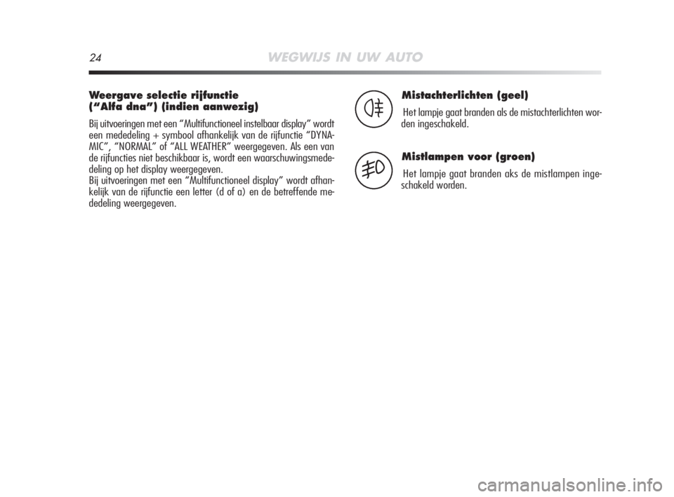 Alfa Romeo MiTo 2008  Instructieboek (in Dutch) 24WEGWIJS IN UW AUTO
Weergave selectie rijfunctie
(“Alfa dna”) (indien aanwezig)
Bij uitvoeringen met een “Multifunctioneel instelbaar display” wordt
een mededeling + symbool afhankelijk van d